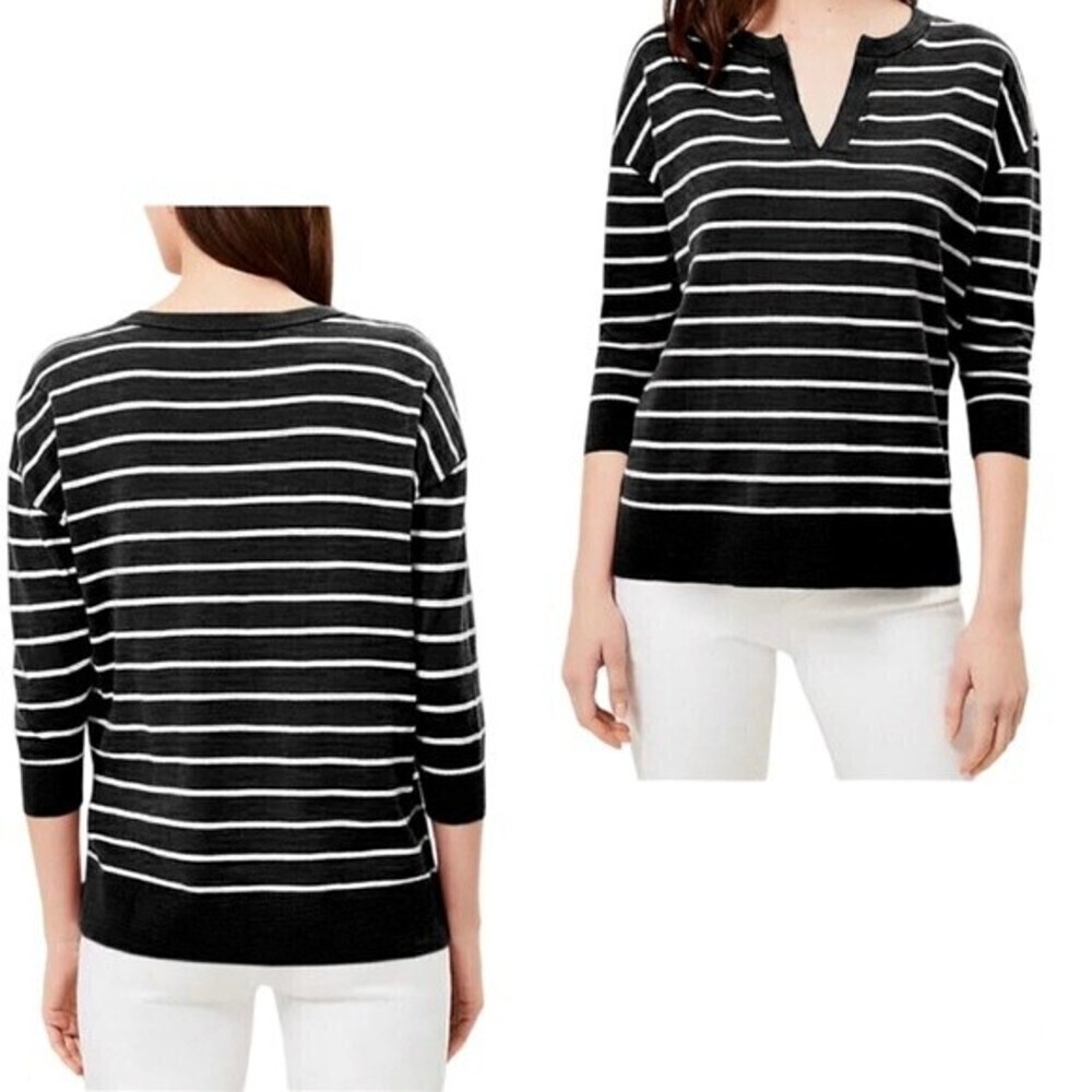Women's LOFT V necklace striped T-Shirt black & white 100% Cotton size L.